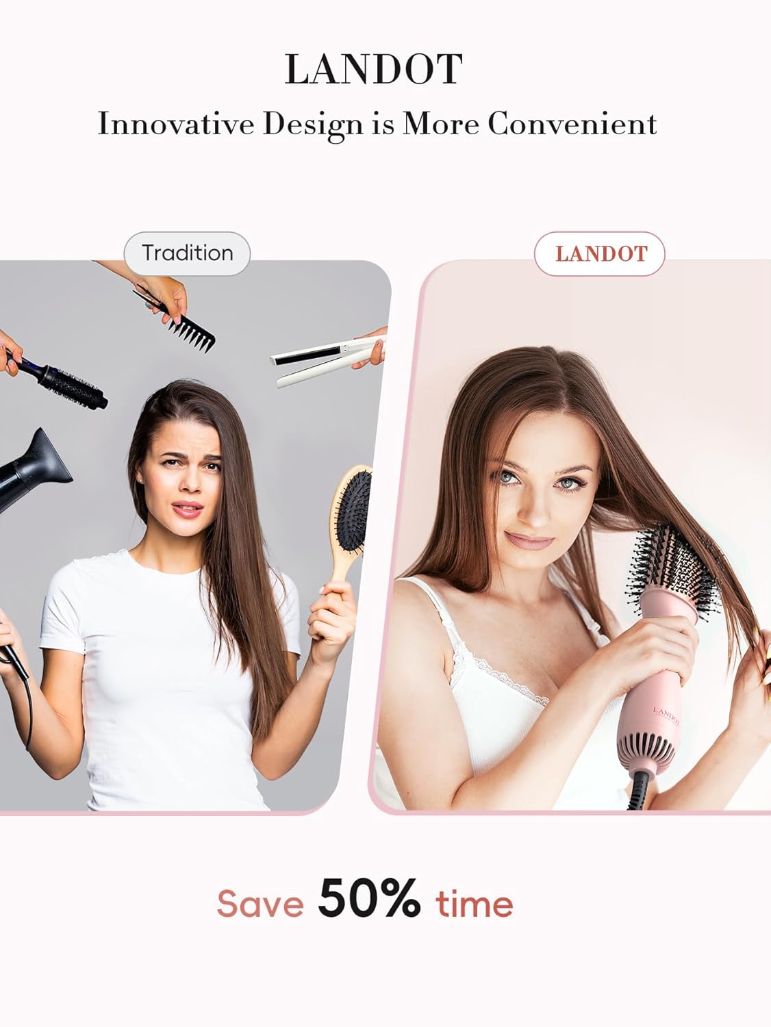 LANDOT Hair Blow Dryer Brush - One-Step Hot Air Brush for Fast Drying Smoothing Volumizing, Ionic Anti-Frizz Delivers Salon Blowout Results, 3 Heat/2 Speed Settings fit All Hair Types, Rose Gold Pink